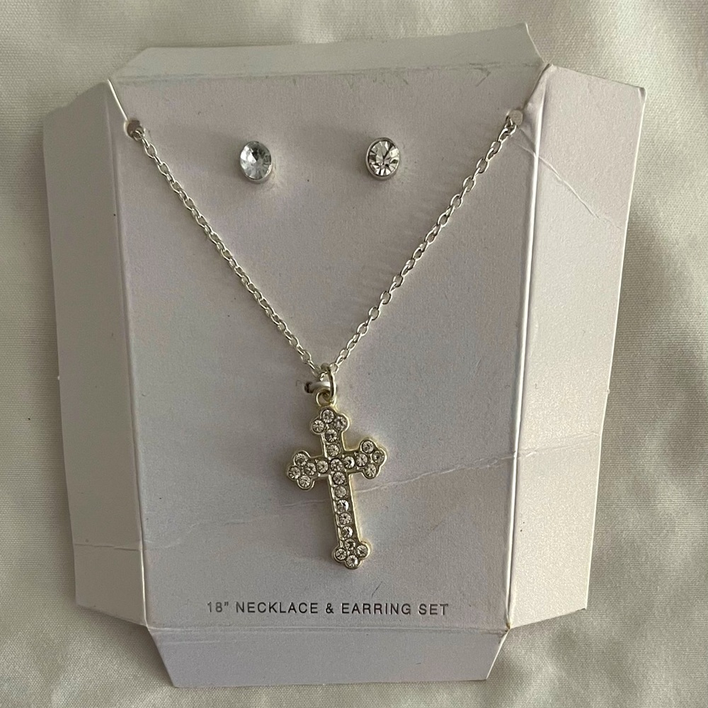 Gift Box Necklace Earring  Costume Jewelry Diamond Stud Earrings Cross Charm
